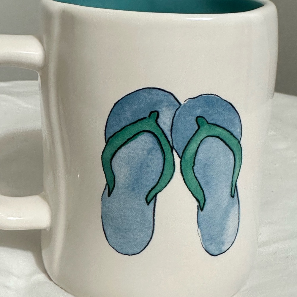 New Rae Dunn Hello Sunshine flip flops mug coffee cup blue black white summer - Picture 8 of 9